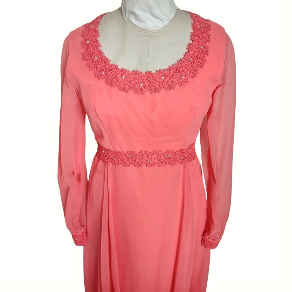 Vintage 2 Piece Long Maxi Evening Dress Matching Vest Coral Orange Chiffon 70s - Picture 2 of 13